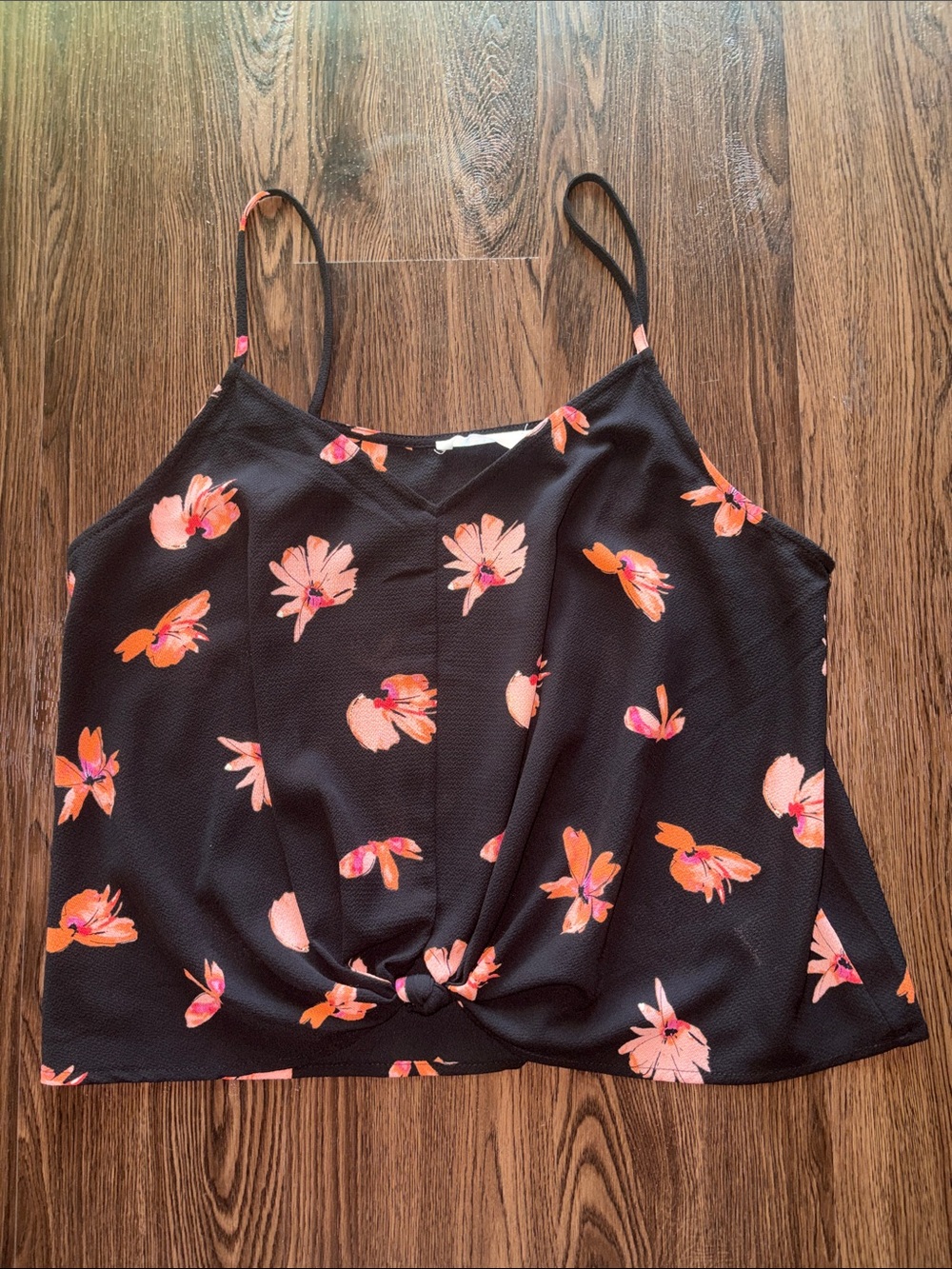 Lush Black Floral Knot-Front Cami with Coral Accents